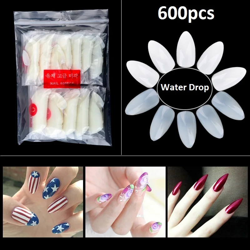 

Water Drop Fake Nails Tips Medium Full Cover Short Sharp Artificial Natural Extension Polish Display False Nail Art Accessories