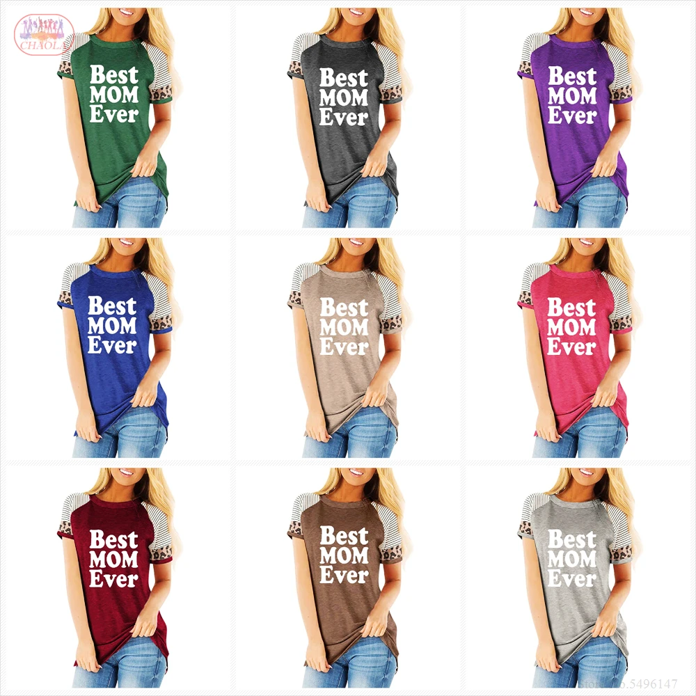 

2020 New Women's BEST MOM EVER Leopard Stripe Print T-Shirt
