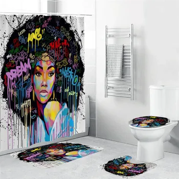 

Women with Crown Durable Waterproof Shower Curtain Set with Afro African Girl Queen Non-Slip Bathroom Mat Rugs