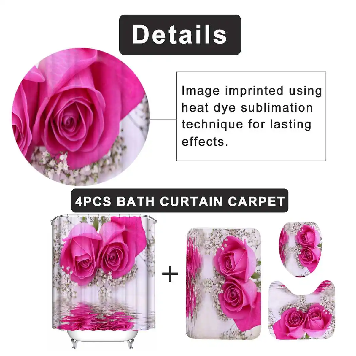 Xueqin Pink Rose Printed Pattern 180x180cm Shower Curtain Pedestal Rug Lid Toilet Cover Mat Non-slip Bath Mat Set Bathroom