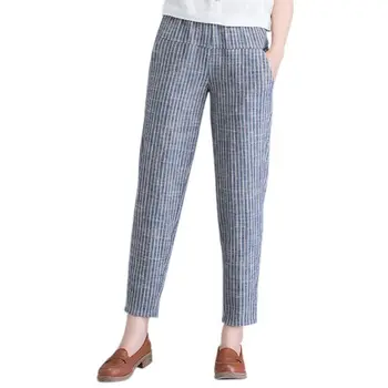 

Women Spring Autumn Loose Harem Stripes Feet Foot Pants High Waist Elastic Straight Long Trousers New