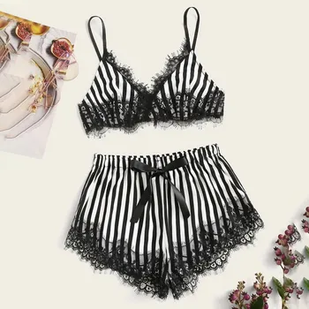 

Lace Satin Silk Sexy Pajama For Women Nightwear Striped Female Sleepwear Lingerie pijama de mujer Summer Sleep Lounge Home Wear