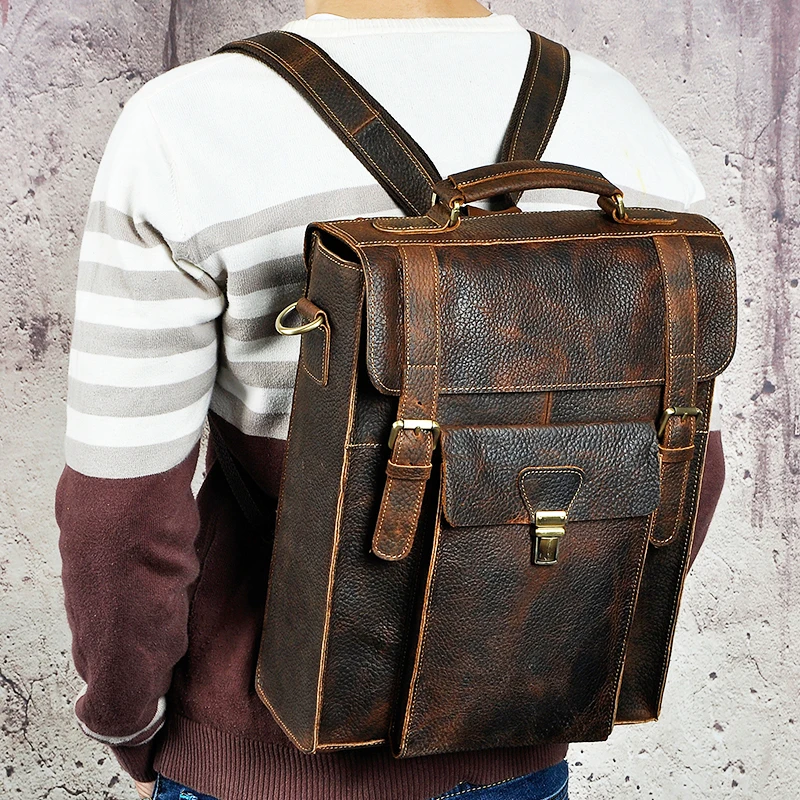 Men Real Leather Designer Casual Travel Bag Male Fashion Backpack Daypack University Student School Book Bag Shoulder 2106