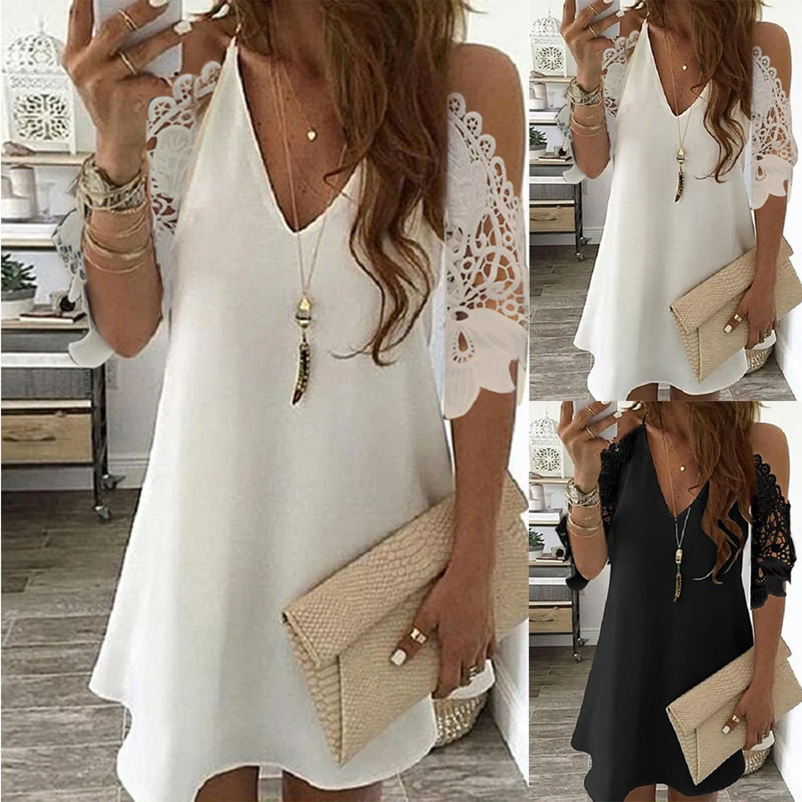 Plus Size Vintage Sexy Mini Dress Women Summer Lace Solid Color Dress Casual Loose Party Dress V-Neck Sling Sundress Vestidos mini dress