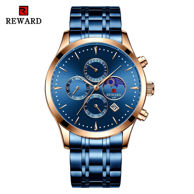 Мужские часы премиум класса от ведущего бренда, роскошные спортивные часы для мужчин, полностью стальные часы с хронографом, водонепроницаемые кварцевые золотые часы для мужчин, мужские часы - Цвет: Blue