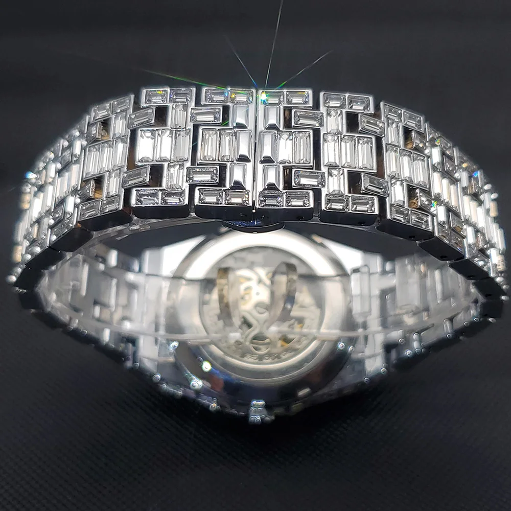 mecânico masculino luxo completo diamante esqueleto relógio