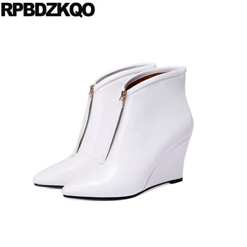

Ladies Booties 2019 Fall Ankle Short Wedge Boots Front Zipper New White Luxury Brand Shoes Women Winter High Heel Pointed Toe