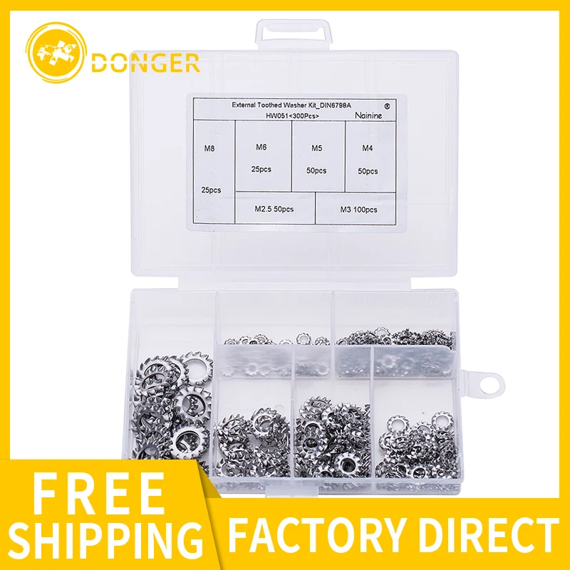 

300Pcs/set M2.5 M3 M4 M5 M6 M8 Mix DIN6798A 304 Stainless Steel Washers External Toothed Gasket Serrated Lock Washer Kit HW051