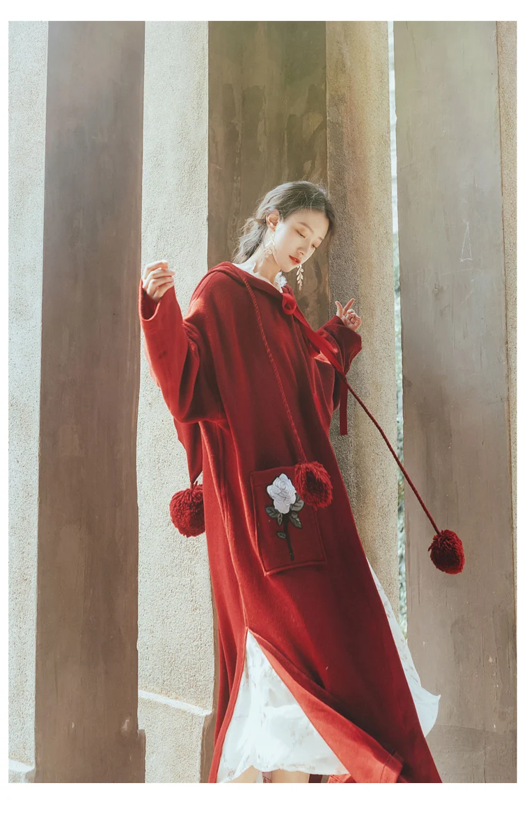 YOSIMI осень зима Макси длинное женское хлопковое пальто с капюшоном пальто Pius большой размер длинный рукав свободного кроя красный открытый стежок Повседневный