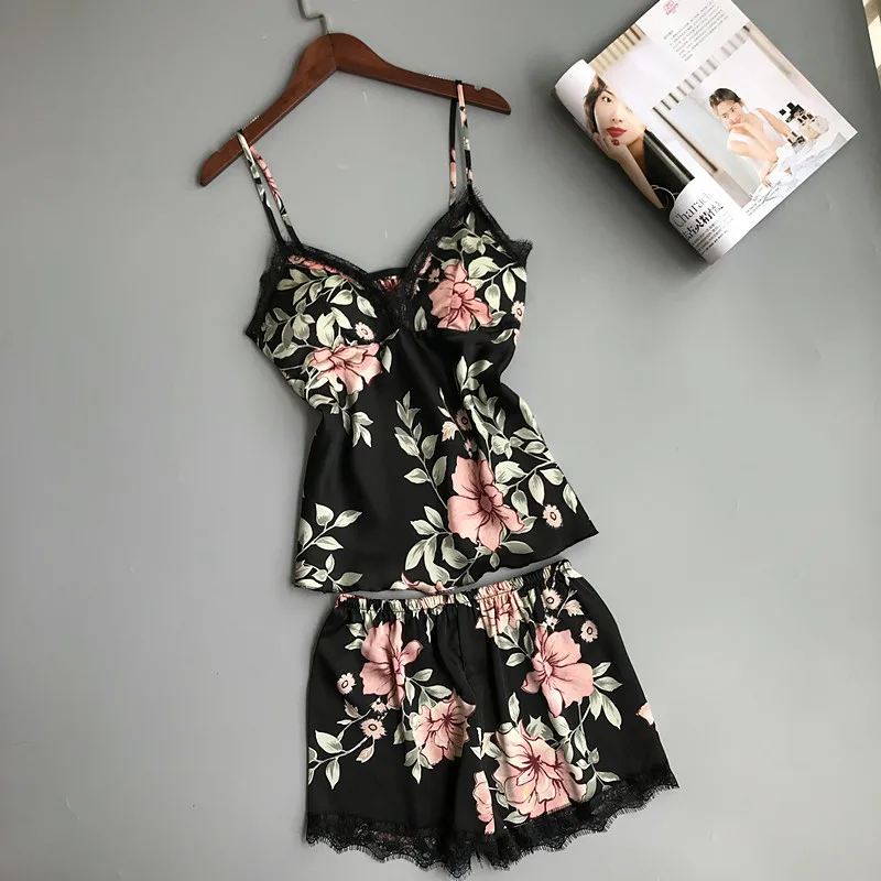 Сон лаунж Пижама комплект сексуальная сатиновая Ночная сорочка Женская Летняя