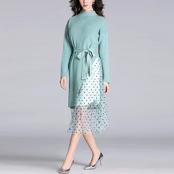 

Women Sweet Cute Korean Autumn 2-Piece Set O-Neck Long Sleeve Simple Knitted Tops+Elastic Waist Diamond Mesh Skirt Green