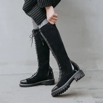 

Cross Tied Women Knee High Boots Party Dancing Shoes Woman Elastic Fabric High Heels Autumn Winter Fashion Riding Boots