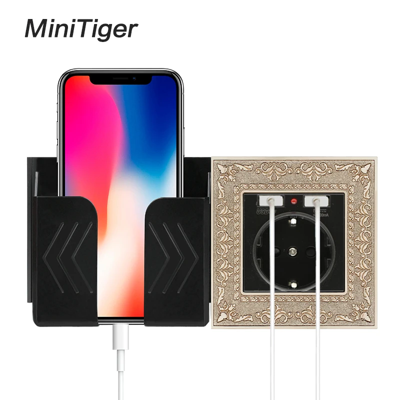 

Minitiger Zinc Alloy High End Retro Panel 16A Black EU Standard Power Wall Socket With Dual USB Charging Port Embossed Panel
