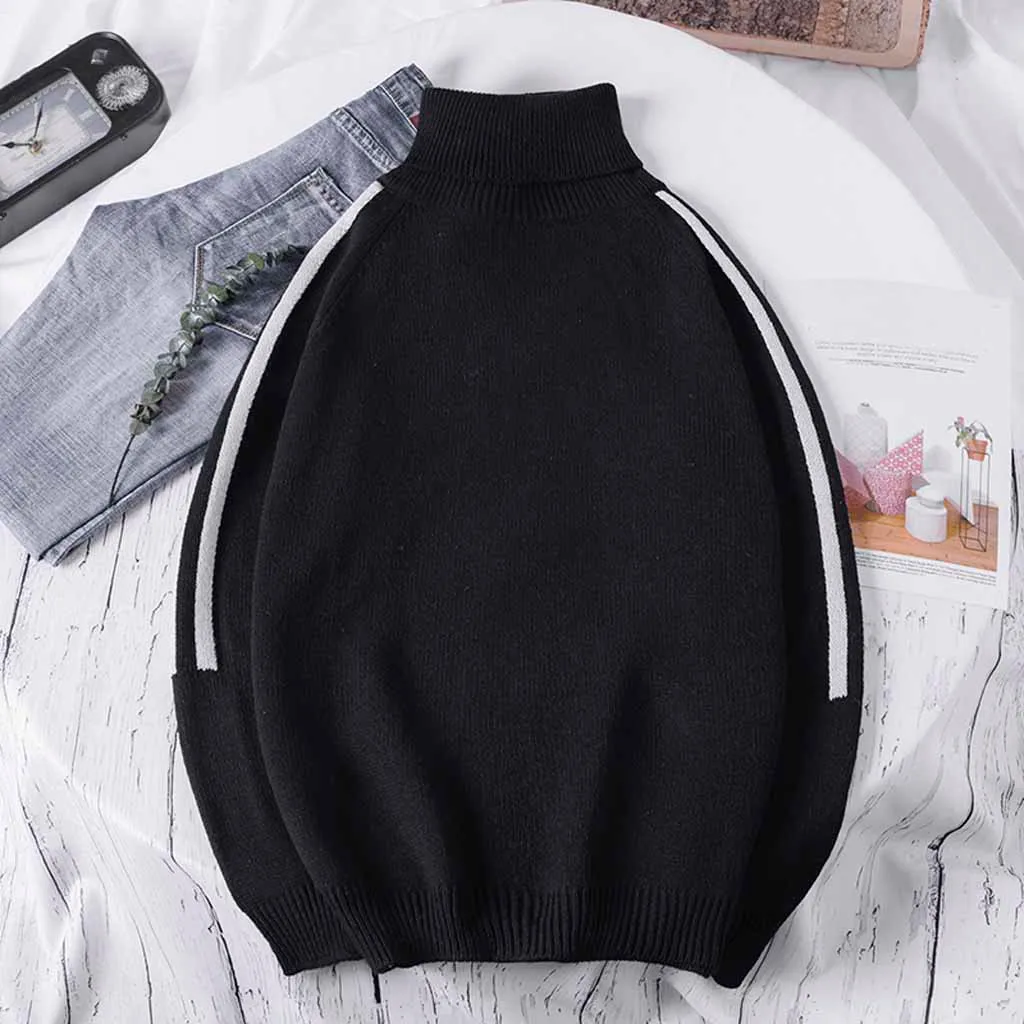 Pull homme мужская осенне-зимняя повседневная тонкая белая полосатая декоративная водолазка с длинными рукавами для мужчин вязаный свитер Топ Блузка
