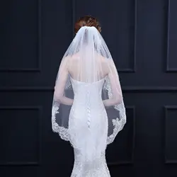 Best Sale Cheap Romantic  Ivory  Bridal veil  Fingertip Length Lace Edge  Appliques veils For Wedding Dresses