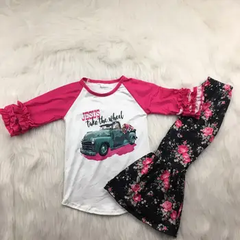 

boutique outfits hou sale Halloween Jesus car pattern bell pants autumn clothes set