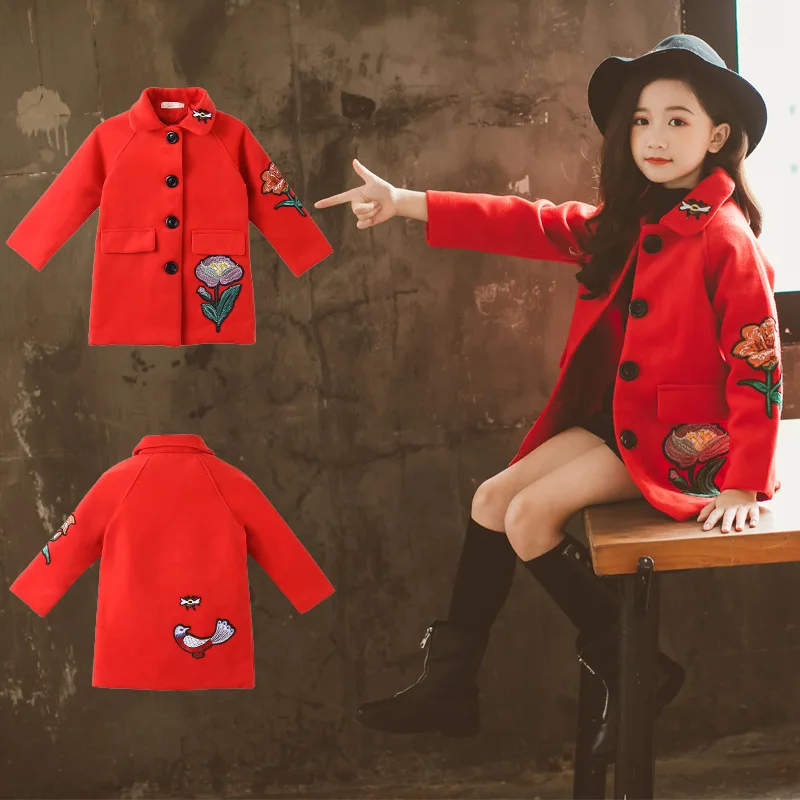 

Girls Autumn And Winter Flower Duffle Coat Korean-style Casual Fashion Mid-length Thick Quilted Woolen Jacket 2019 New Style