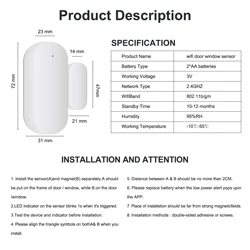 Tuya Wifi Door/Window Sensor Smart Door Open Closed Detector App Notification Alert Compatible with Alexa Google Home