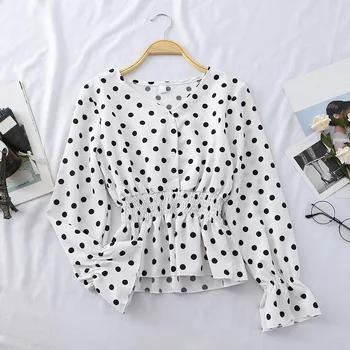 

Spring Boho Chic Tops Women Korean Elegant V-neck Long Sleeve Chiffon Blouses Pink Black Polka Dot Shirts Female Chiffon