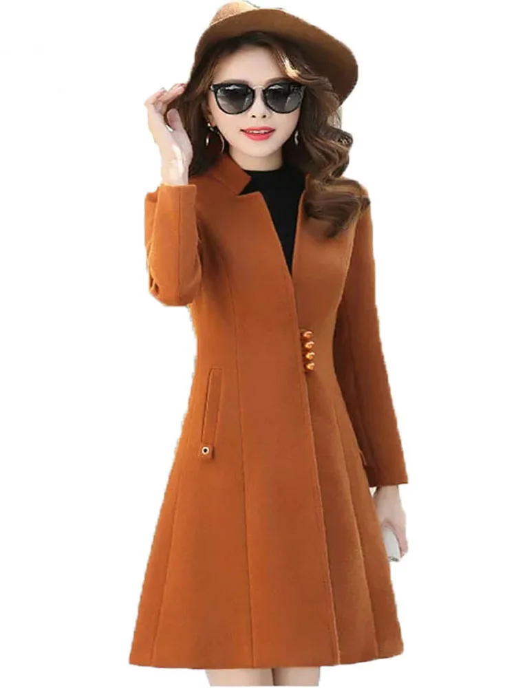 Элегантное женское шерстяное пальто Новая весна Осень Тонкий Средний Длинное пальто Корейский Мода Основные Черные Пальто Одежда