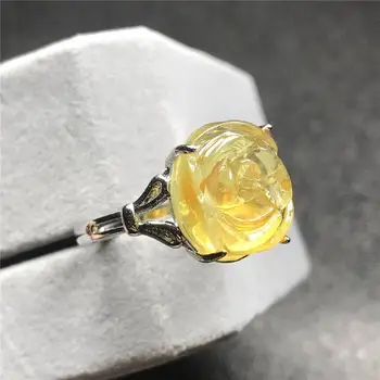 

14mm Genuine Natural Flower Carved Yellow Amber Ring For Woman Lady Man Crystal Silver Beads Stone Adjustable Ring Jewelry AAAAA