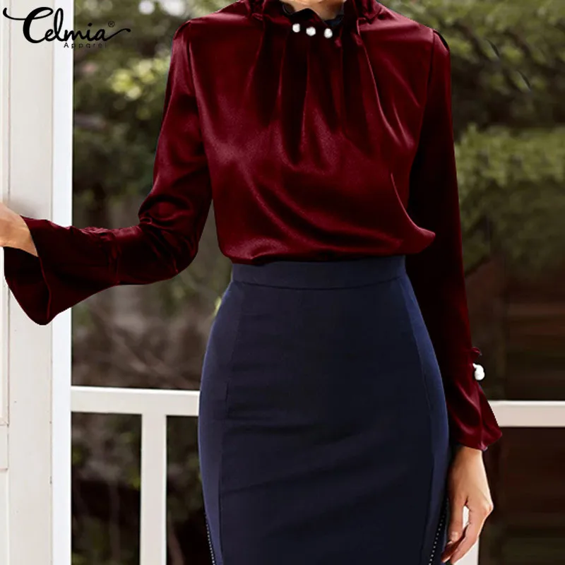 

Celmia 2019 Autumn Women Fashion Long Sleeve Satin Blouse Vintage Pearl Stand Collar Street Shirts Elegant OL Silk Tops S-5XL