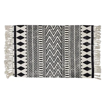 

Cotton Woven Black and Cream Bohemian Rug Washable Decorative Porch Door Mat Hand-Woven Tassel Rug Tribal Pattern Rug