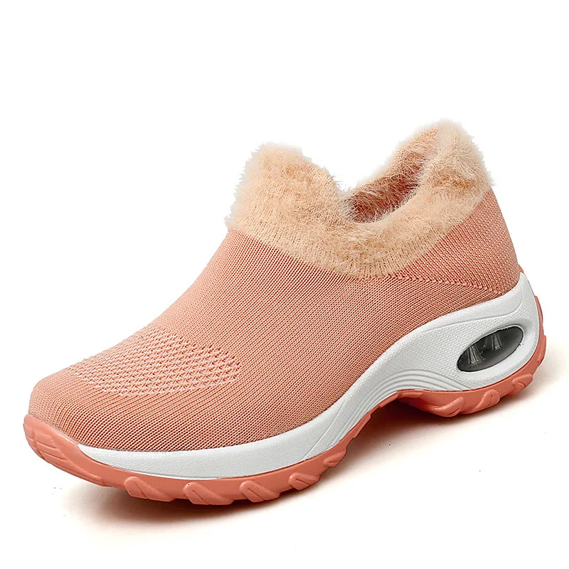 Winter Sneakers Womens Shoes Flats Platform Boots Plush Warm Walking Boots Flyknit Footwear Female Wedge Shoes Big Size 42 - Color: Orange