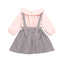Модная детская одежда; сезон осень-весна; платье в полоску на бретелях для девочек; рубашка с лацканами; комплект одежды для малышей; комбинезоны в полоску для девочек