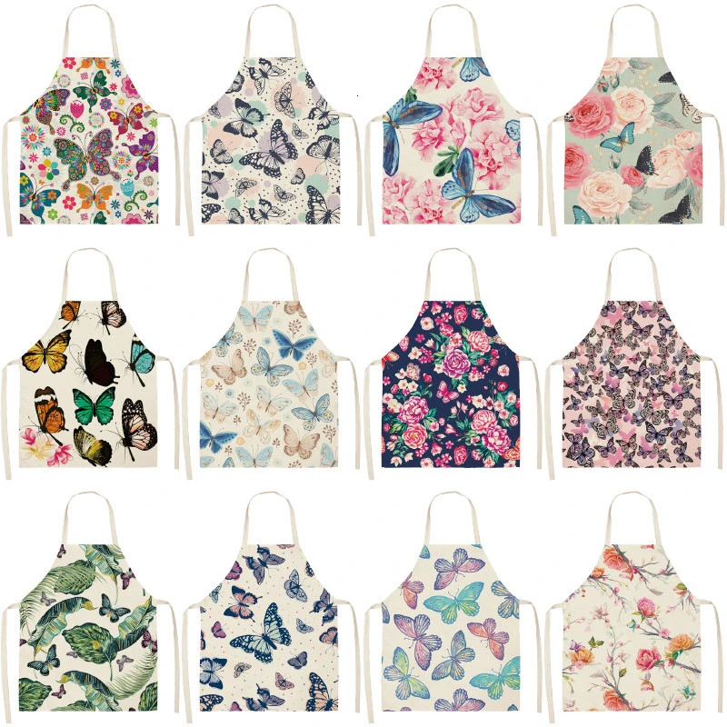 1PC Cotton Baking Waist Bib Linen Flower Butterfly Printed Kitchen Sleeveless Aprons Women Home Cooking Pinafore 53*65cm WQL0147