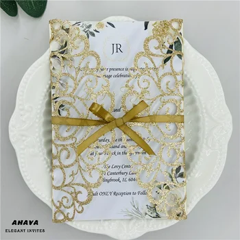 

50× Glitter Rose Gold Laser Cut Wedding Invitations Cards Wedding Bridal Shower Gift Greeting Card Kits Event Party Supplie
