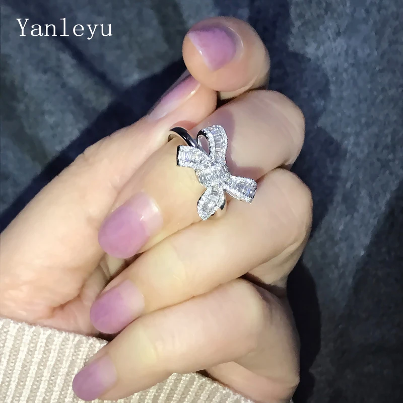 Yanleyu, настоящее 925 пробы, серебряное кольцо для женщин и девочек, подарок на день рождения, модное кольцо с бантом, кубический циркон, обручальное кольцо, PR371