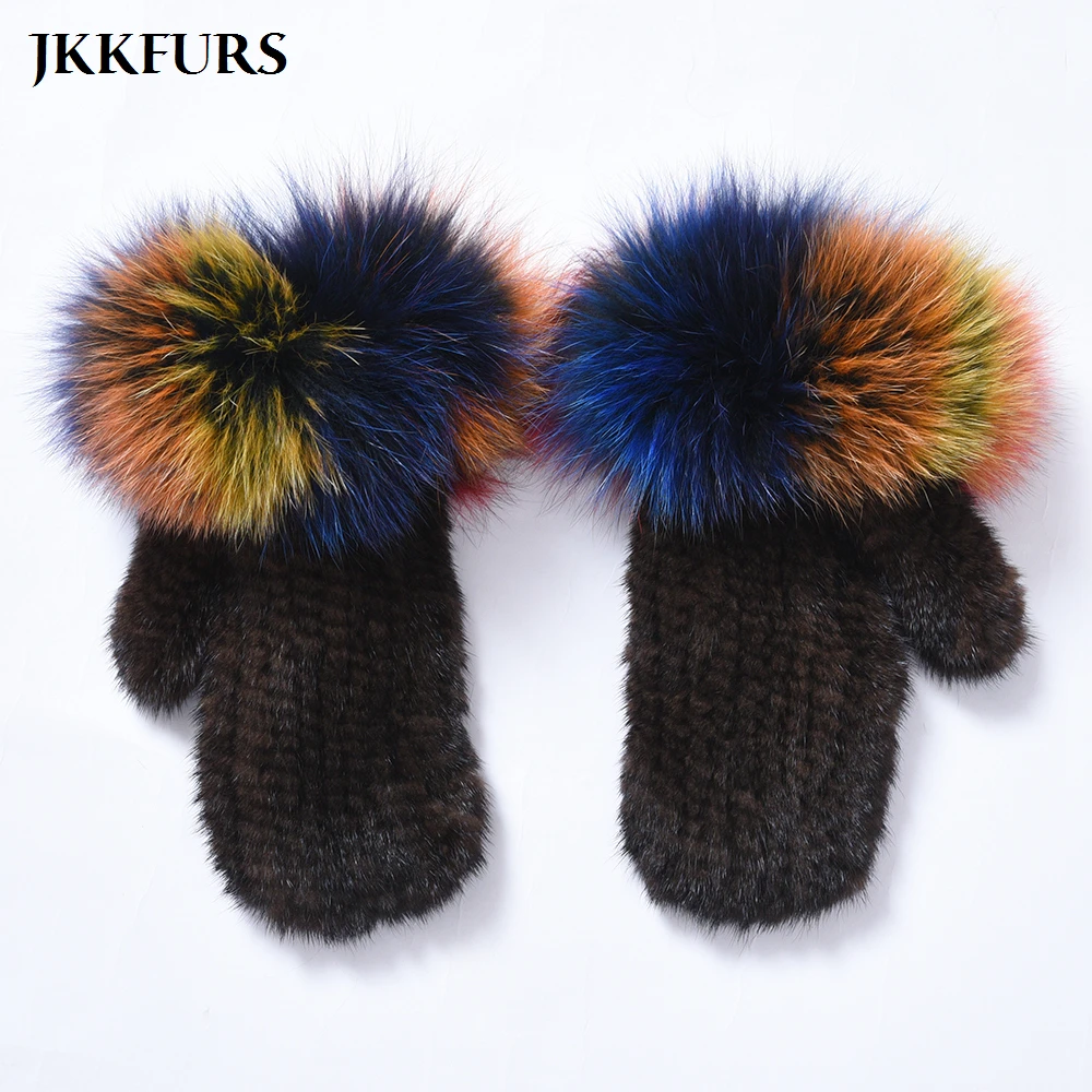 JKKFURS Новое поступление перчатки из натурального меха норки зимние теплые варежки из натурального меха лисы женские меховые перчатки S7750