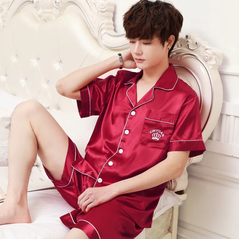 Summer Silk Mens Short Pajamas Set For 