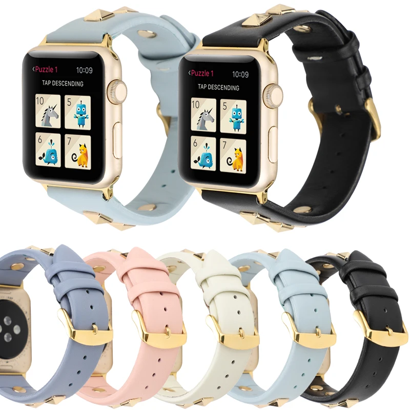 

Golden rivet leather loop strap For apple watch band 42/38mm correa replace bracelet For iwatch series 4/3/2/1 44/40mm accessory