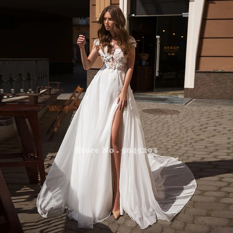 SATONOAKI пляжное богемное свадебное платье, летнее свадебное платье с разрезом по бокам, кружевное свадебное платье с аппликацией, свадебное платье с открытой спиной