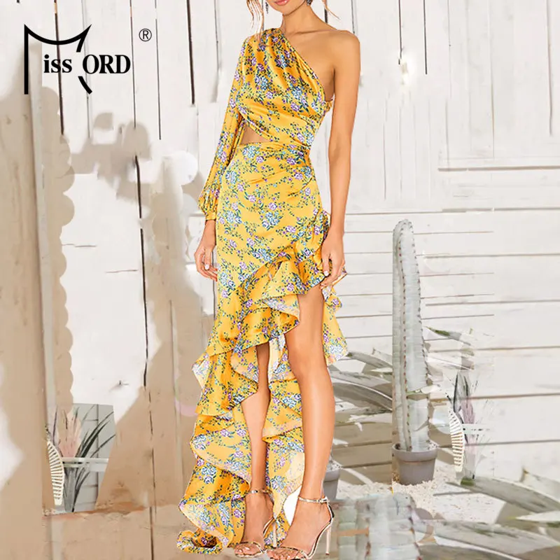 Missord Women Floral Print Dresses Sexy One Shoulder Irregular Ruffles Bodycon Maxi Party Dress MQ349