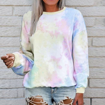 

Laamei Spring Womens Sweatshirt Hoodies Multicolor Casual Long Sleeve Round Collar Loose Printed Tops Tie dyeing Hoodie