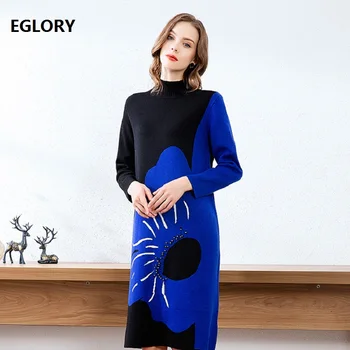 

2019 Autumn Winter Blue Red Knitted Dress High Quality Women Eye Flower Patterns Long Sleeve Casual Sweater Dress Pullovers