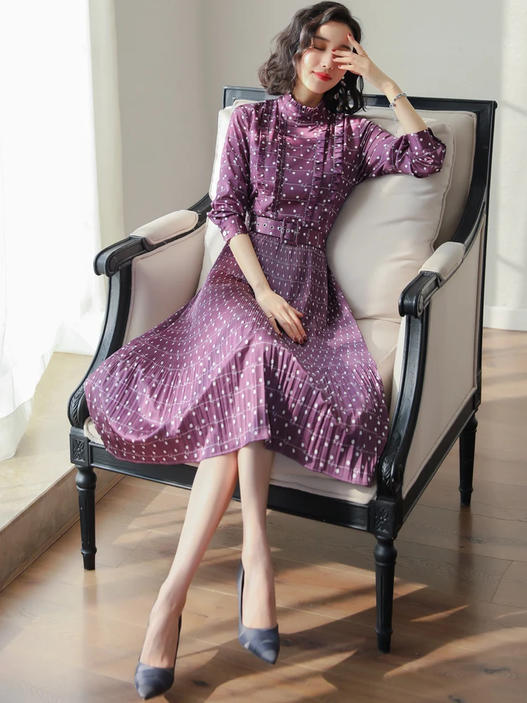 

Boollili Spring Summer Dress 2020 Vintage Polka Dot Office Dress for Women Pleated Purple Dress Elegant Ladies Dresses Vestidos