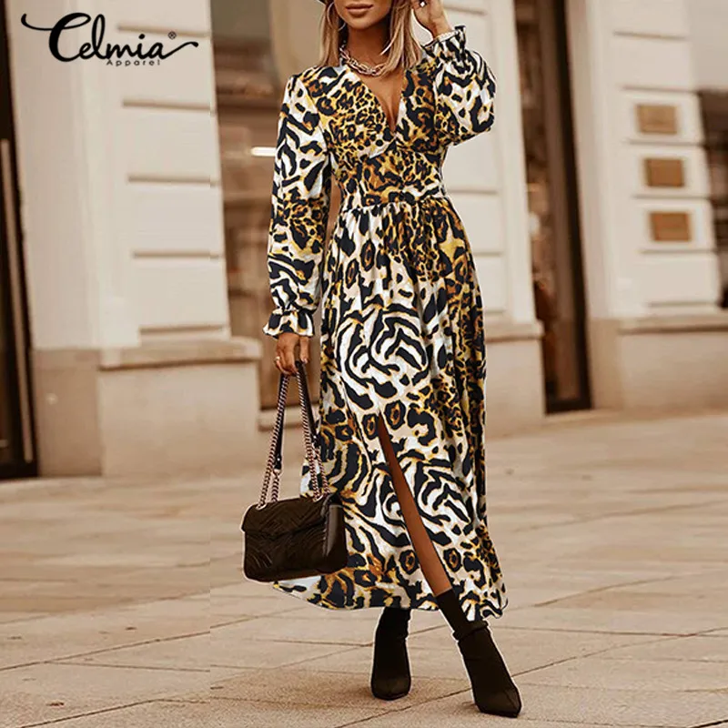 Long Sleeve Leopard Print Dress for Women Casual Fashion O Neck Comfort Sundress Skirts 