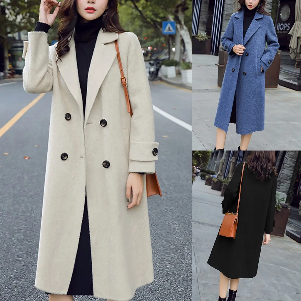 Офисное женское пальто, однотонное винтажное зимнее модное пальто для офиса с длинным рукавом и пуговицами, пальто, женская одежда, пальто для офиса