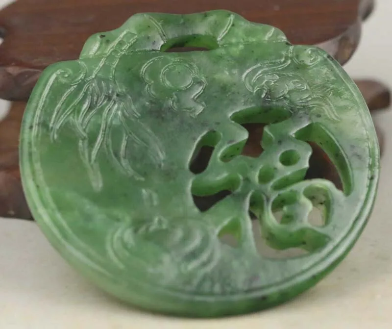 Chinese old natural hetian green jade hand-carved flower pendant 2.1 inch 055 