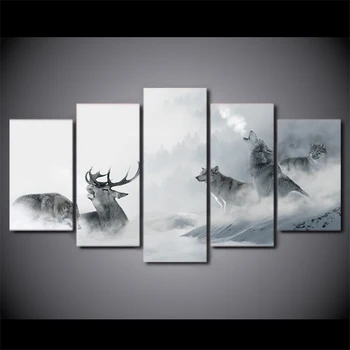 

5 Panel Canvas Art White Howling Wolf And Deer Painting Wall Pictures For Living Room Decor Canvas Painting