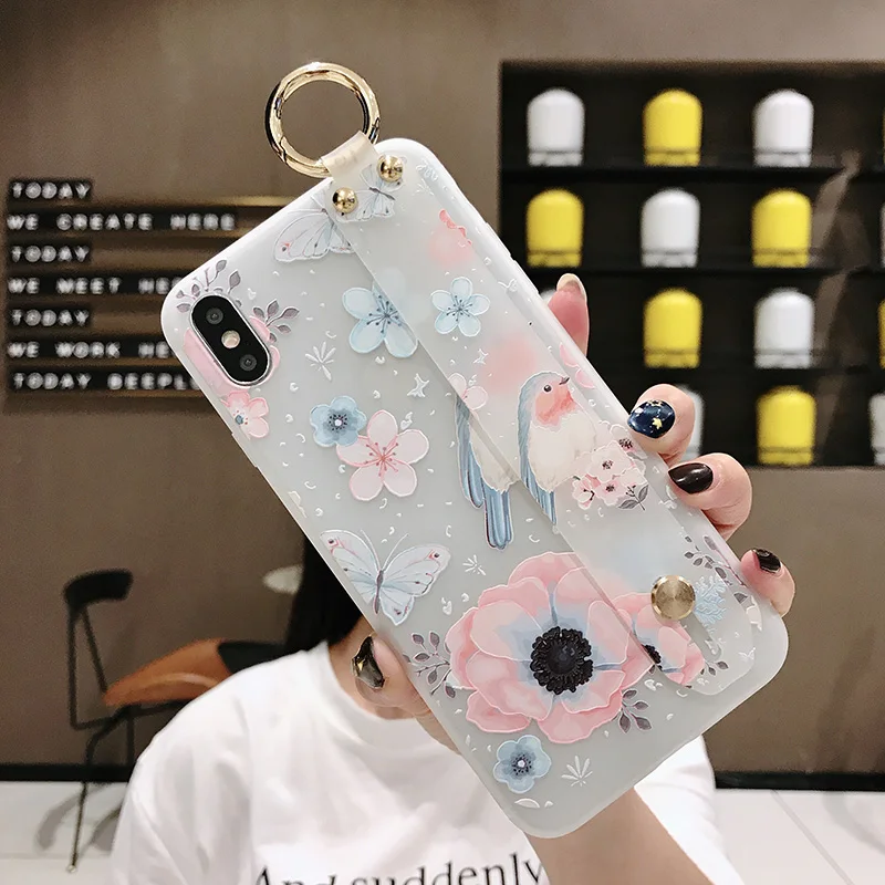 SoCouple Flower Soft TPU Wrist Strap Case For iphone 7 8 6 6s plus X Xs max XR Relief Floral Phone Holder Case Transparent Cover (12)