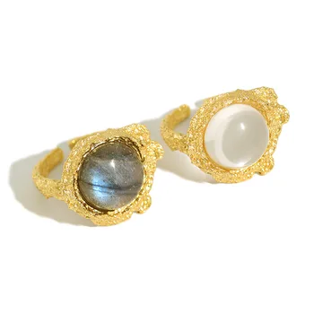 

Retro 100% Authentic 925 sterling silver Golden /WHITE White Crystal /labradorite Stone Rings Adjust TLJ1282