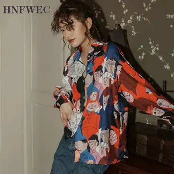 

2020 Spring Women Tops Loose Original Abstract Portrait Print Shirt Long Sleeve Cartoon Pictures Women Blouses Loose Trend V960