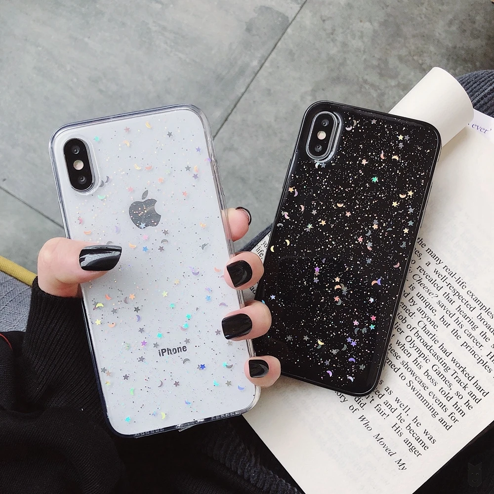 

luxury Glitter Phone Case For iPhone 11 Pro 7 8 6 6s Plus X XS XR XS Max Bling Moon Stars Sequins Soft TPU Clear Silicone Cover