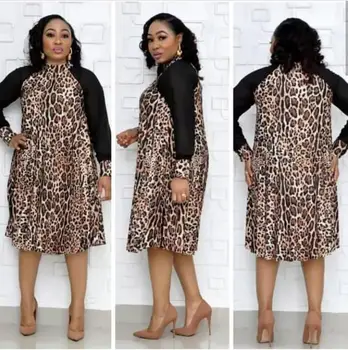 

New style African women's clothing Dashiki Leopard-print patchwork mesh long sleeve commute dress size L-XXXL YWQ 392