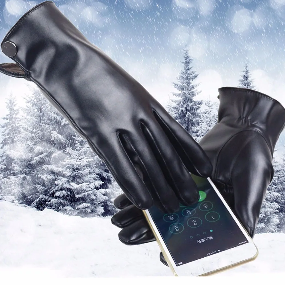 

Men Winter Leather Gloves Warm button Touch Screen Driving Soft Lining windproof Motorcycle Cycling Riding Gloves guantes 2019